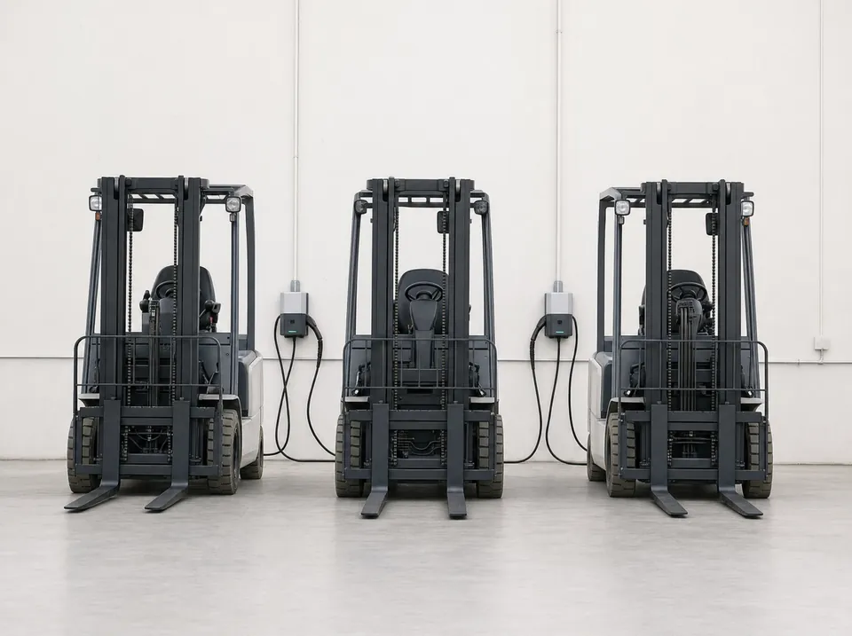 Şarj istasyonunda yan yana üç forklift