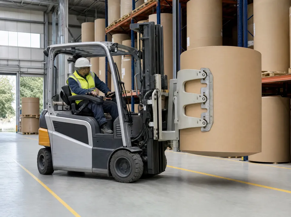 Kelepçe ataşmanlı forklift bobin kaldırıyor